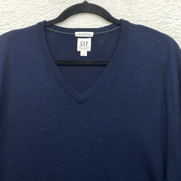 GAP Sweater Mens Extra Large Blue Merino Wool Pullover V Neck Long Sleeve Preppy - Picture 4 of 9